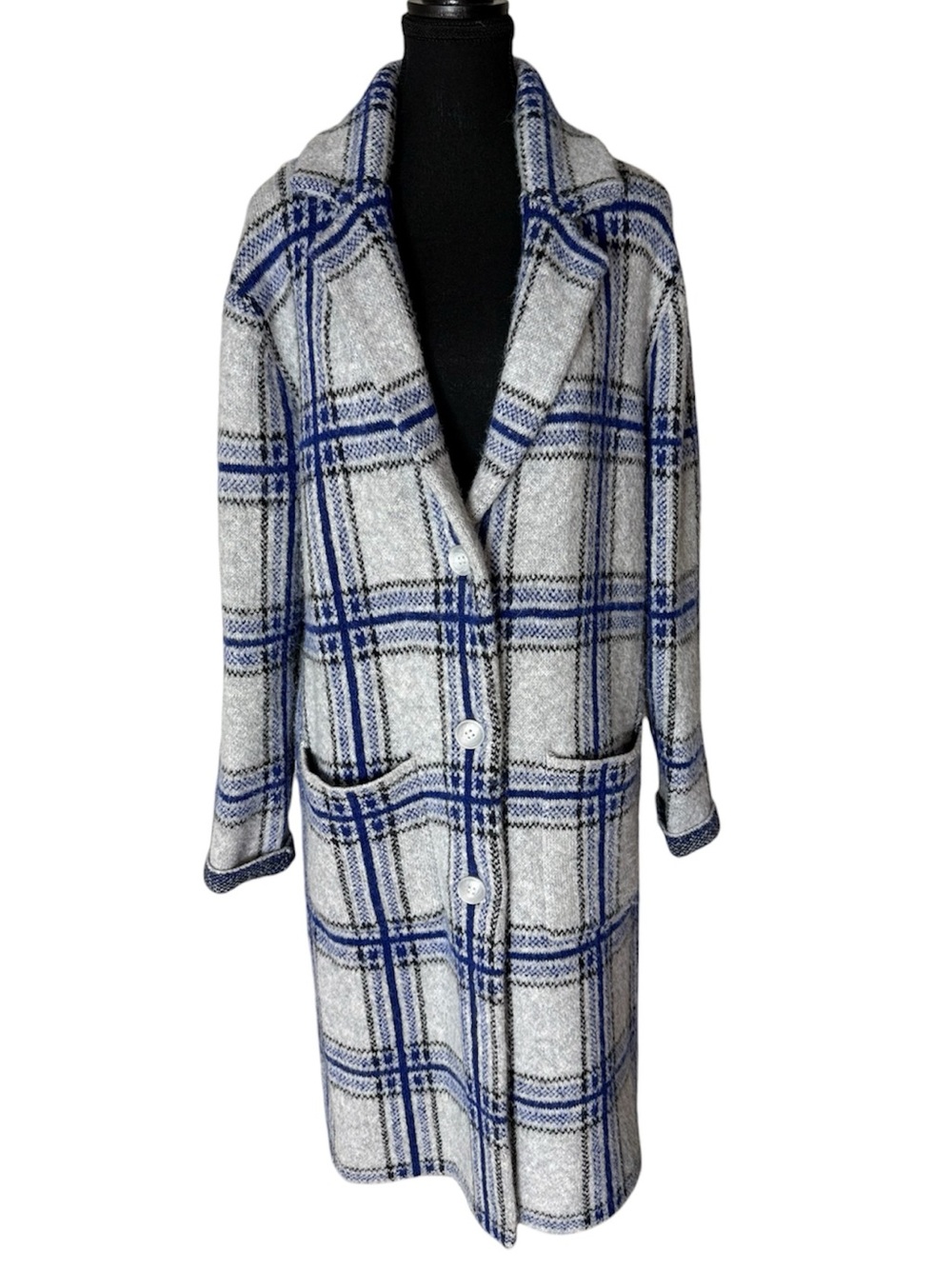 TAHARI Long Plaid Coatigan Sweater Coat Buttons Pockets Grey Blue Size Medium